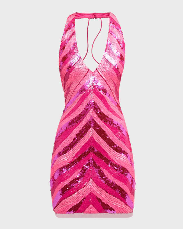 Backless Deep V-Neck Sequin Halter Mini Dress